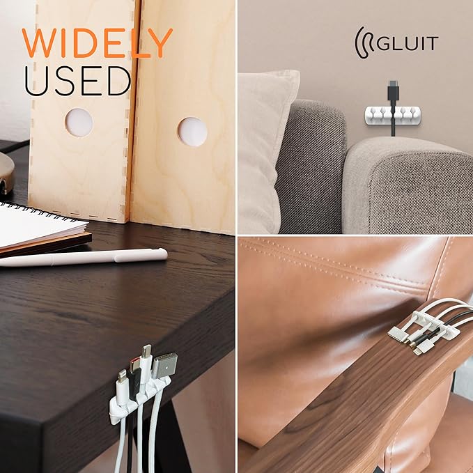 GLUIT Cord Organizer for Desk Cable Holder for Nightstand Charger Organizer Adhesive Desktop Versatile Wire Multislot Clips and Table Management Accessories Office Spaces New White 5 Pack, 15 Slots