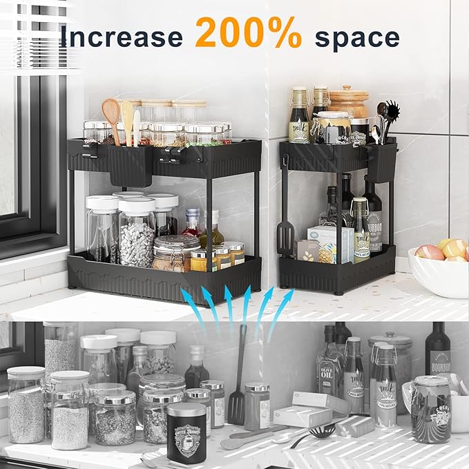 2 Pack Under Sink Organizer, Under Bathroom Cabinet Organizer with Hooks Hanging Cup, Multi-Purpose Storage Shelf for Kitchen Bathroom (Black, XL)