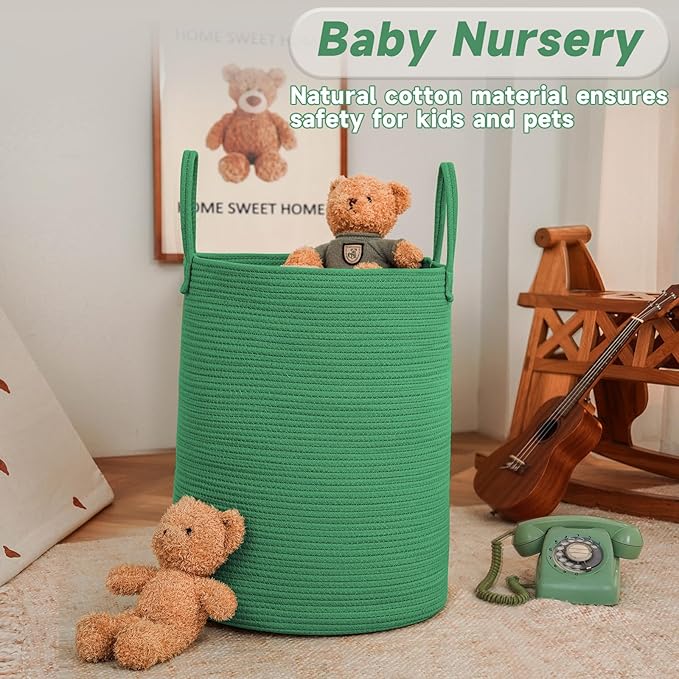 JMvicyroam Large Woven Laundry Basket Hamper,100L Cotton Rope Storage Bin for Blankets,Toys and Clothes,Decorative Tall Nursery Hamper for Living Room,Baby Nursery,Bathroom and Bedroom,Dark Green