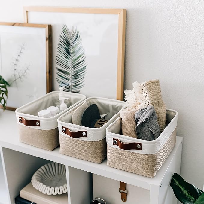 OrganiHaus Small Fabric Storage Baskets 6 Pack, 12x8in Cloth Storage Bins for Shelves, Small Baskets for Organizing Bathroom Pantry Closet, Canvas Shelf Baskets, Beige/Off-White