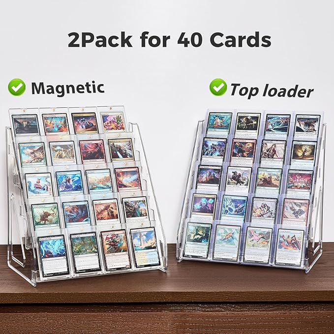 DEEIF 2 Pack Acrylic Trading Card Display Stand, 5-Tier Clear Shelf Holds Up to 40 Cards, 12" Wide Card Holder for Top loaders & Magnetic Cases, Large Storage for TCG, MTG Cards