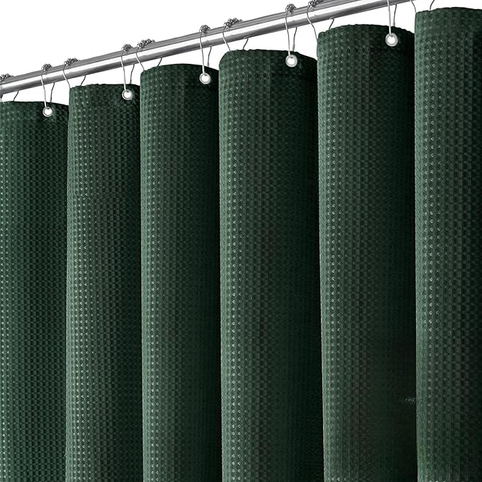 Dynamene Long Fabric Shower Curtain - 78 inch Long Waffle Weave Weighted Cloth Shower Curtains for Bathroom, Neutral Heavy Duty Hotel Spa Luxury Bath Curtain Set with 12 Hooks, 72x78, Dark Green