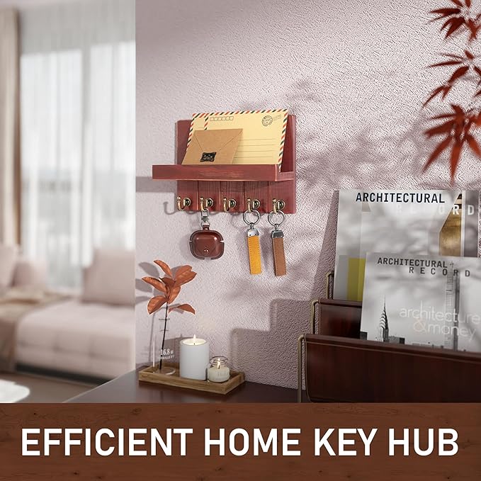 Rebee Vision Pine Wood Key Holder Wall Mount – Rustic Key Holder for Wall with Shelf for Mail & Apartment Essentials – Perfect for Farmhouse Decor (Red,3.54" D x 10" W x 7.28" H)