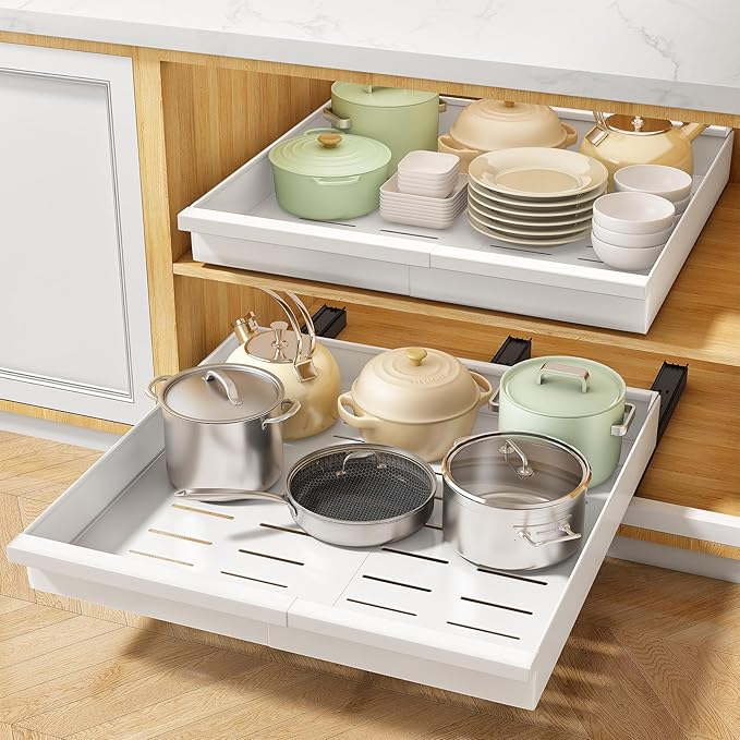 Pull out Cabinet Organizer, 1-Pack Expandable(13.6"-24") Silde out Drawers with Raising Pad for Framed Cabinets, Adjustable Full-Extension Adhesive Roll out Shelves for Kitchen Pantry Home Pot and Pan