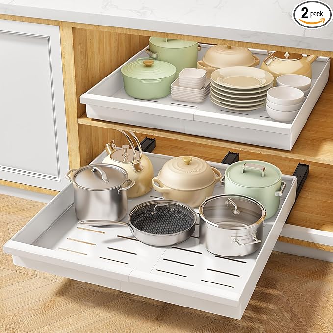 Pull out Cabinet Organizer, 2-Pack Expandable(13.6"-24") Silde out Drawers with Raising Pad for Framed Cabinets, Adjustable Full-Extension Adhesive Roll out Shelves for Kitchen Pantry Home Pot and Pan