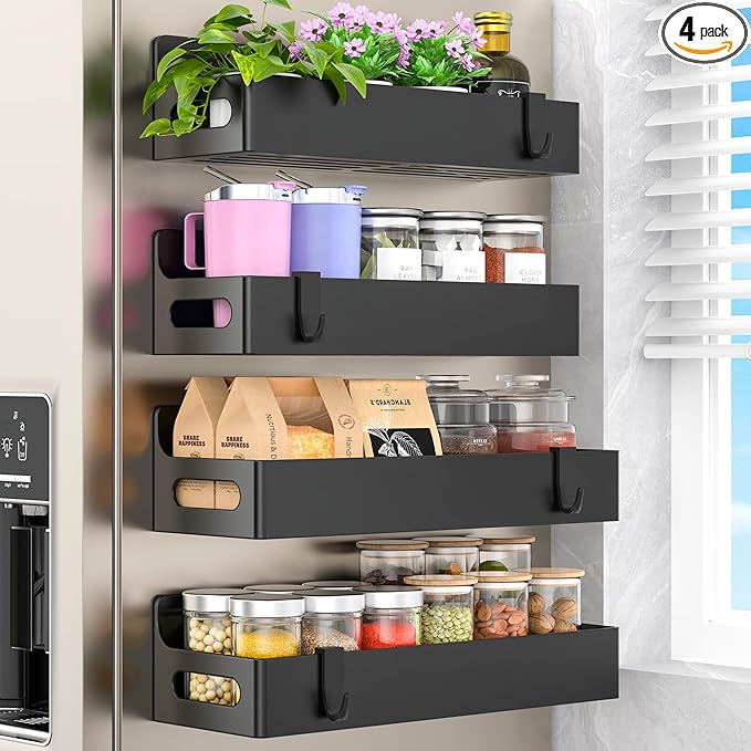 HuggieGems 4 Pack Magnetic Spice Seasoning Rack for Refrigerator, Magnetic Shelf Holder for Fridge with 4 Hooks for Kitchen Organization Storage, Black