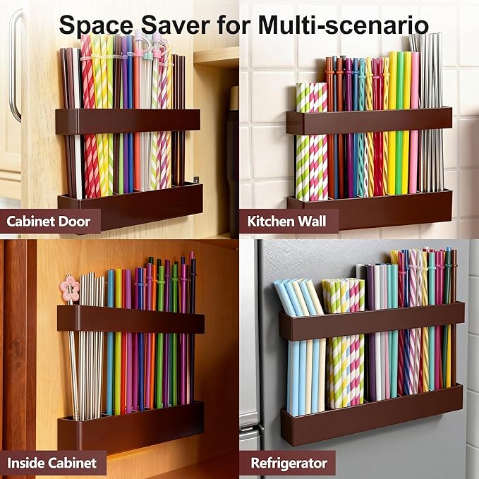 9.5” Large Acrylic Straw Holder for Cabinet Door, Reusable Adjustable Two-Part Straws Organizer with Ultra Sticky Adhesive Strips, 2026 Straw Storage for Kitchen Cupboard