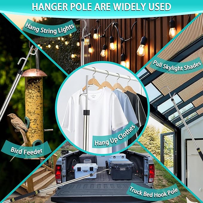 Clothes Hook Pole Heavy Duty,32 to 80In Retail Clothing Hook Pole Long Handle with 2 Hooks Hanging Birdfeeder Frosted Tube Extension Pole to Reach High Hangers for Turck (Black Handle)