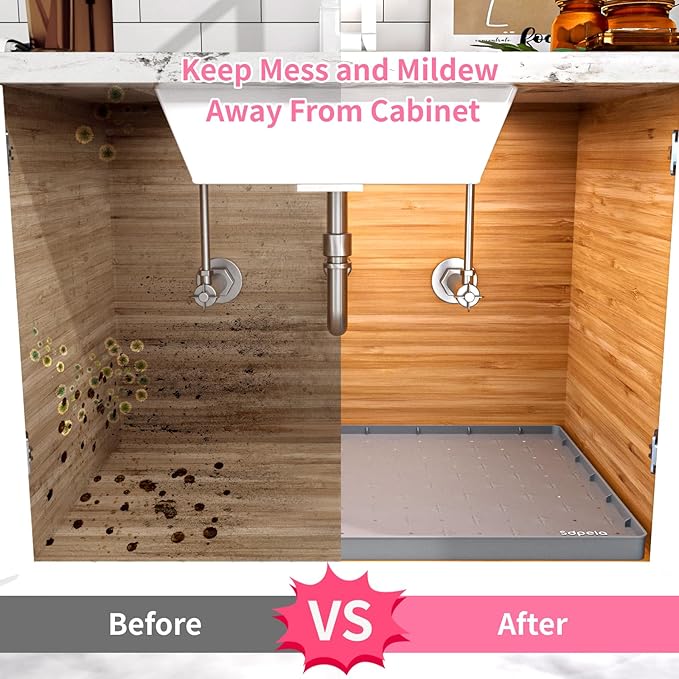 Sdpeia Under Sink Mat 19"×19" Waterproof Silicone Cabinet Liner & Sink Protector for Kitchen & Bathroom, Multi-Purpose Organizers Tray for Pets, Laundry, Cat Litter Mat,Gray