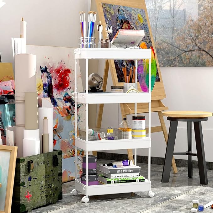 SPACEKEEPER Storage Cart, 4-Tier Mobile Shelving Unit, Bathroom Rolling Cart Utility Storage Organizer Shelf for Kitchen Living Room Bathroom Laundry Room & Dressers, White