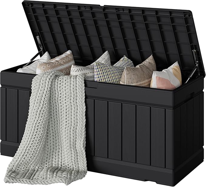 Devoko 78 Gallon Deck Box, Waterproof Resin Outdoor Storage Box for Outside and Patio, Outdoor Storage Bench Lockable for Patio Furniture, Garden Tools and Pool Supplies (Black, 78 Gallon)