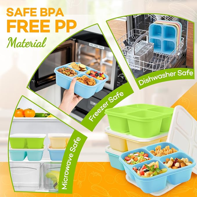 Bento Box Adult Lunch Box- 4 Pack,4 Compartment Snack Containers Reusable Meal Prep Stackable BPA-Free Lunch Containers for Home, Work, Travel (4 Color)
