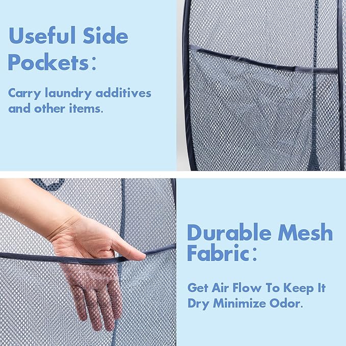 DUCOO Pop Up Laundry Hamper, 70L Collapsible Mesh Laundry Basket with Side Pocket, Foldable Dirty Clothes Hamper with Sturdy Reinforced Handles for Home Dorm Bedroom Travel Storage, Blue, 2Pack