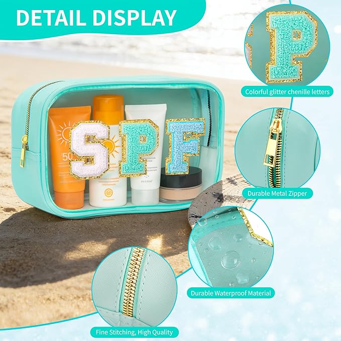 Clear Makeup Bag,Waterproof Sunscreen Bag with Letter Patches,Travel Beach Pool Bag,Personalized Travel Toiletry Cosmetic Bags Gifts For Girl Women Mom Teacher Nurse (Pink-Blue Tone Sun)