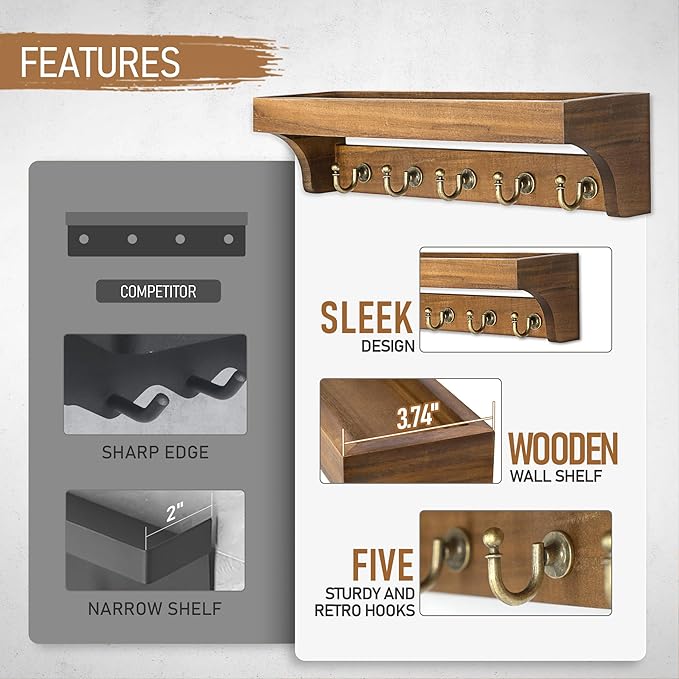 Rebee Vision Acacia Wood Farmhouse Key Holder Wall Mount for Room Decor – Retro Key Holder for Wall with Shelf for Cute Things– Stylish Home Storage for Apartment Essentials (Acacia Wood)