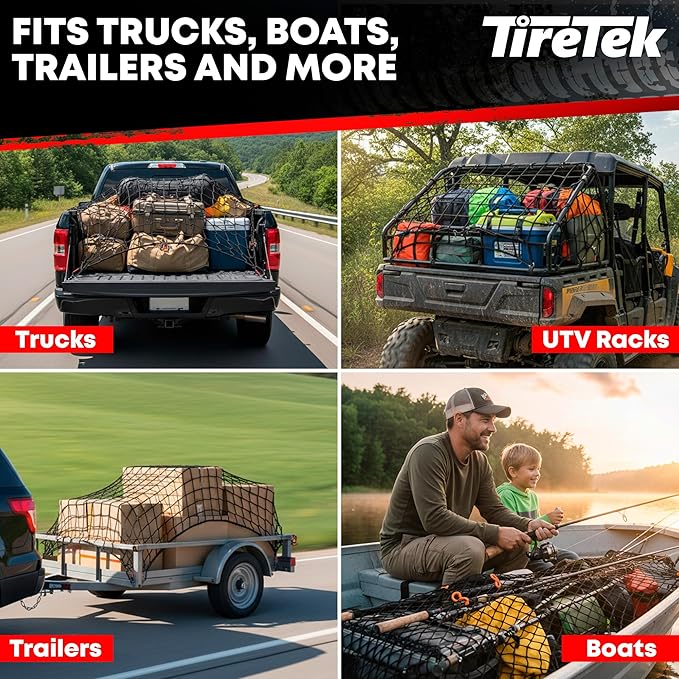 Cargo Net for Pickup Truck Bed (4'x6' Stretches to 8'x12') Double Thick Heavy Duty Truck Bed Net for Dad & Husband - 12 Metal Carabiners, Bungee Mesh Accessory with Strap Hooks