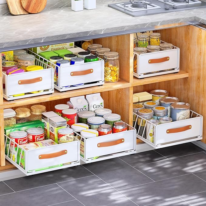 Pull out Cabinet Organizer Fixed with Adhesive Nano Film,Heavy Duty Slide out Pantry Shelves Drawer Storage,Sliding Mesh Basket with Handle for Kitchen, Bathroom,Home, 11.8W"X 15.7D"X6.2"H(2PCS)