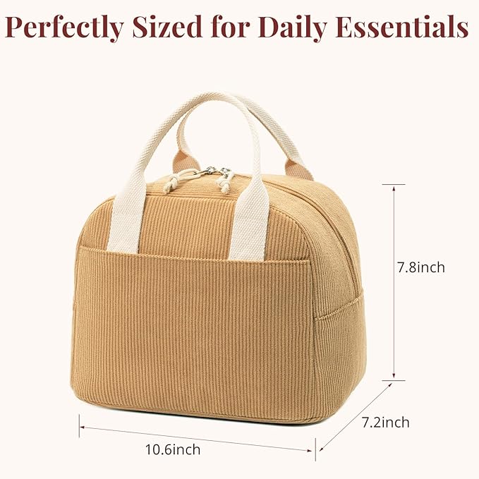 LOVELYWIND Insulated Lunch Bag for Women Men, Stylish Corduroy Tote Bag with Aluminum Lining, Large Capacity Reusable Cooler for Work, Travel, or Beach, Camel Brown Lunch Box