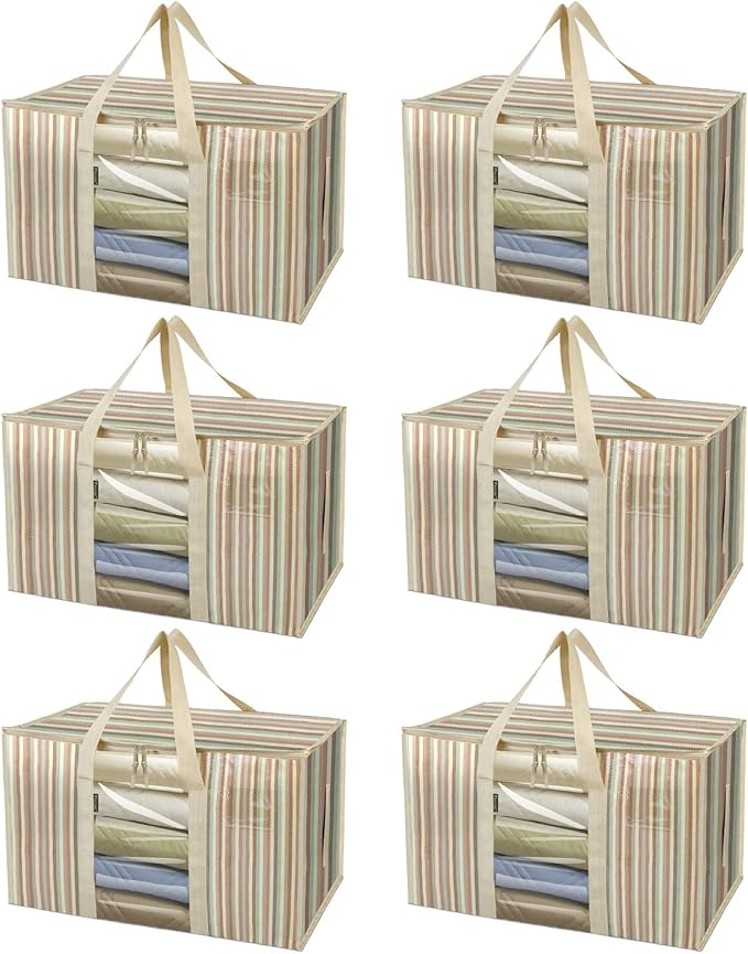 BALEINE 6-Pack Oversized Moving Bags with Reinforced Handles, Heavy-Duty Storage Tote Moving Supplies for Packaging, Camping (Color Stripe, 6-Pack)