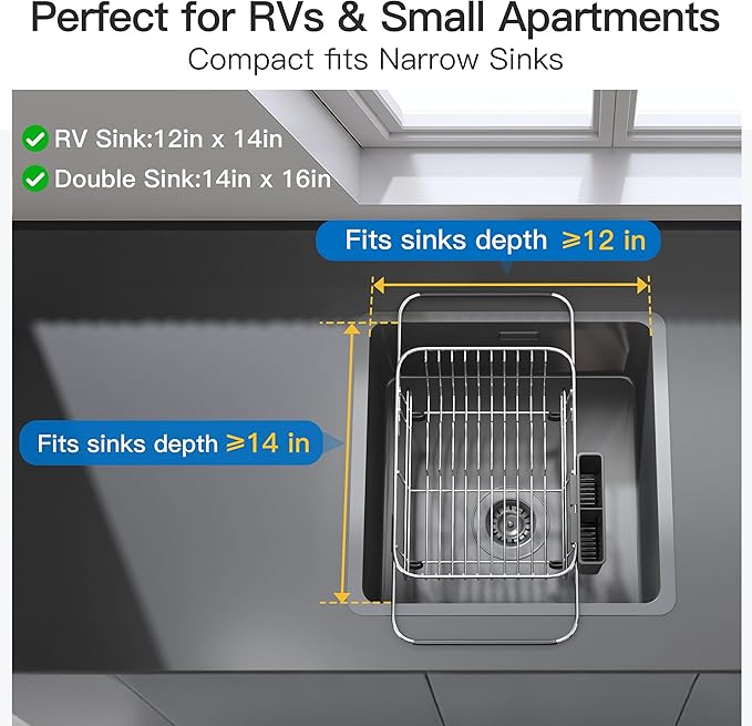 Apartment RV Small Dish Drainer Drying Rack Over The Sink In Stainless Steel for Narrow Kitchen, Counter Space Saving Compact Expandable Metal Plate Dryer Strainer, Modern Above Wire Drain Holder