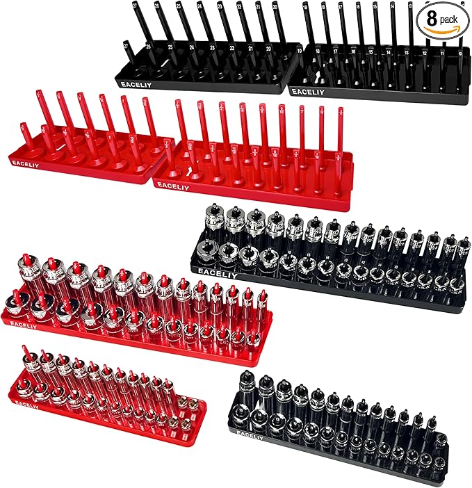 EACELIY 8PCS Socket Organizer Tray Set,1/2", 1/4" and 3/8" SAE & Metric Deep & Shallow Socket Holder Kit, Deep and Shallow Socket Holders for Toolboxes(sockets not included)