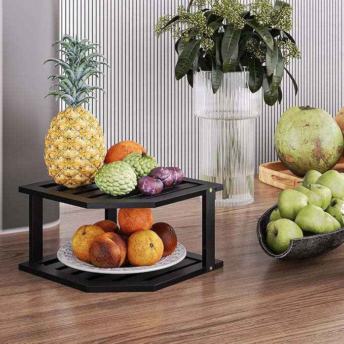 Bamboo Corner Shelf,2 Tier Plate Organizer for Cabinet and Countertop,Pantry Dish and Spice Rack for Kitchen（Black）