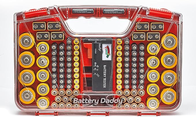 Ontel Battery Daddy Storage & Organizer Case w/Tester, Stores & Protects Up to 180 Batteries, Double-Sided, Clear Locking Lid, Secure Latches & Portable Carrying Handle - Red (Batteries Not Included)