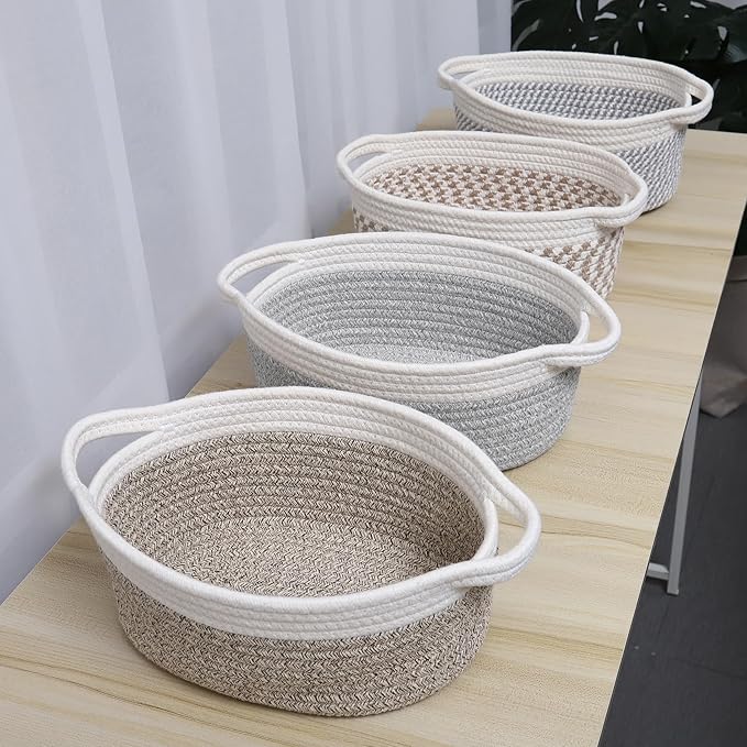 ABenkle Small Basket with Handles, Boho Decorative Rope Woven Dog Cat Toy Storage Bin Shelf Storage Organizer, Easter Christmas Gift Basket, 12"x8"x5"