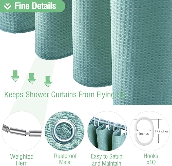 Dynamene 60 inch Stall Shower Curtain - Waffle Weave Heavy Duty Thick Fabric Shower Curtains for Bathroom,Weighted Hotel Spa Luxury Cloth Bath Curtain Set with 10 Plastic Hooks,60x72, Teal/Turquoise