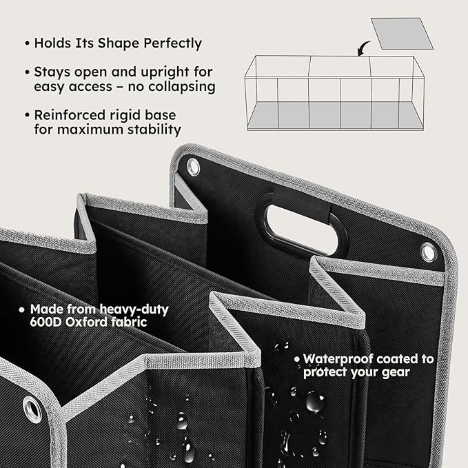 50L Car Trunk Organizer, Heavy-Duty 600D Oxford Collapsible Storage Box with 3-Compartments & Securing Straps, Foldable Organizer for SUV/Sedan/Truck, Car Accessories Storage