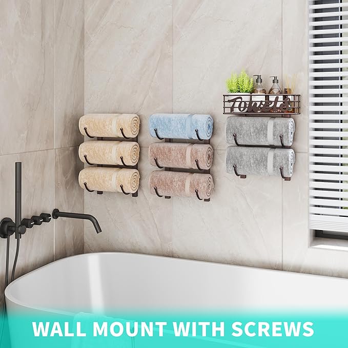 HapiRm Towel Racks for Bathroom Storage - 9 Tier Over The Door & Wall Mount Rolled Towel Storage Organizer Holder with Metal Shelf Basket for Small Bathroom, Camper, Rv - Bronze, Patented