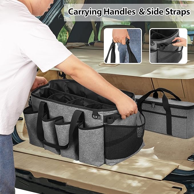 HODRANT Detailing Bag with Polisher Carry Bag, Large Detail Car Care Box for Auto Detailing Supplies, Car Wash Caddy & Trunk Organizer for Buffer Bottle Towel & Cleaning Kit, Gray, Patent Design