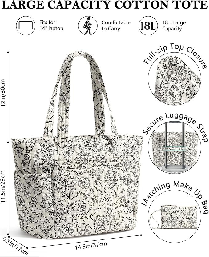 Bagstellar Puffer Tote Bag for Women, Quilted Cotton Laptop Work Tote Shoulder Bag for College School, Teacher, Nurse, Travel | Top Full-zip Closure