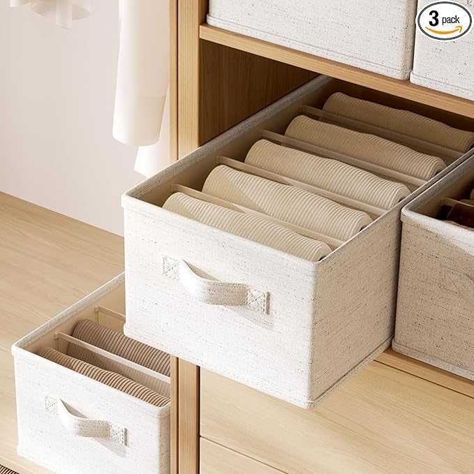 3 Pack Large Wardrobe Clothes Organizer and Storage, Fabric Sweater Organizer for Closet with Handles 5 Grids Foldable Drawer Dividers for Pants, Jeans, T-shirts, 20.8"×11.2"×7.5"