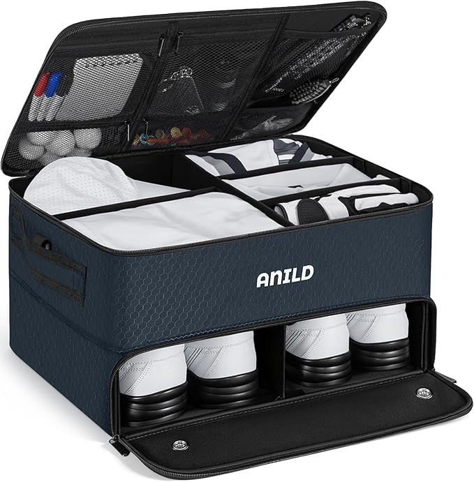 ANILD Golf Trunk Organizer, 2 Layer Golf Storage Case with Separate Ventilated Compartment for 2 Pair Shoes, for Balls, Tees, Clothes, Gloves, Accessories, Golfer Gifts