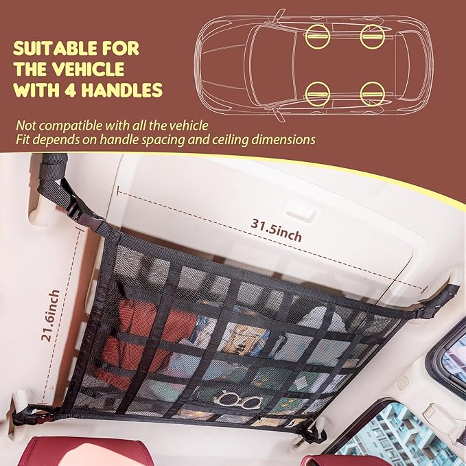 Upgrade Car Ceiling Cargo Net Pocket,31.5"x21.6" Double-Layer Roof Storage Organizer,Overhead Net for Truck,SUV & Van Camping,Travel Road Trips,Van Life Essentials