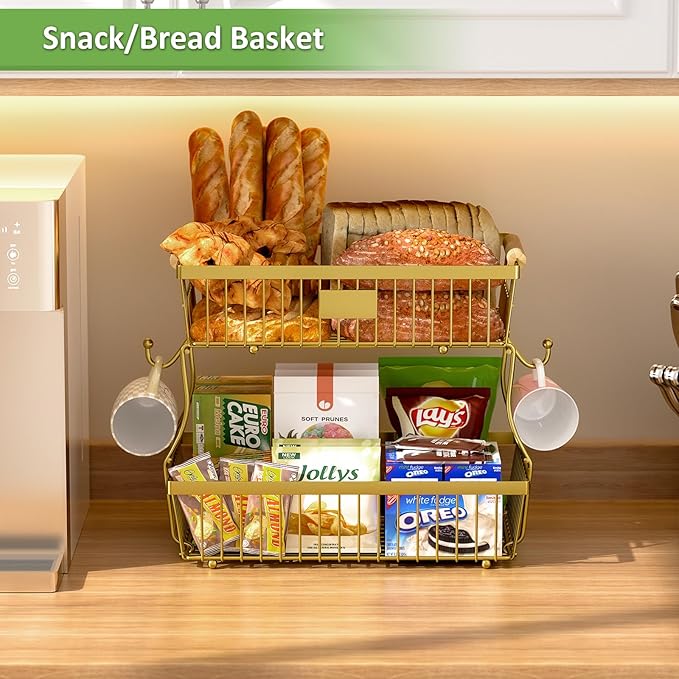 2 Tier Fruit Basket for Kitchen Counter with 2 Banana Hangers, Countertop Metal Fruit Bowl with Wooden Handle, Large Storage Stand for Vegetables, Snacks, Breads, Produce Storage – rose gold