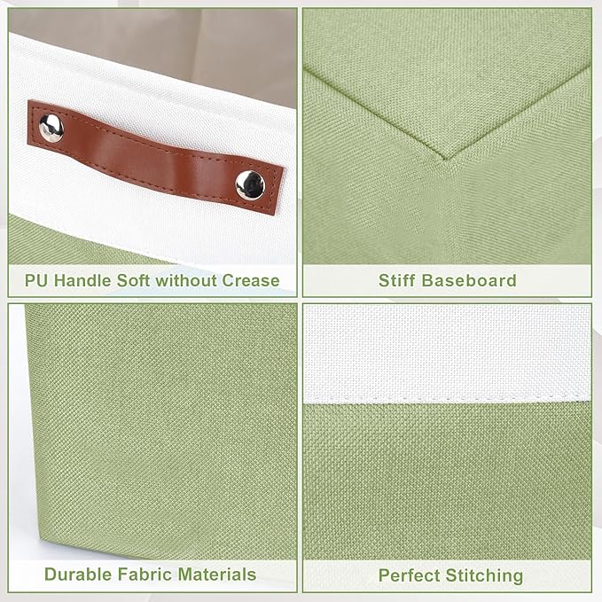 Bagnizer Storage Bins Large Fabric Storage Baskets for Shelves 3 Pack, Decorative Linen Closet Baskets with Handles for Organizing, Shelf, Clothes, Home, Office, 15x11x9.5Inches (Green&White)