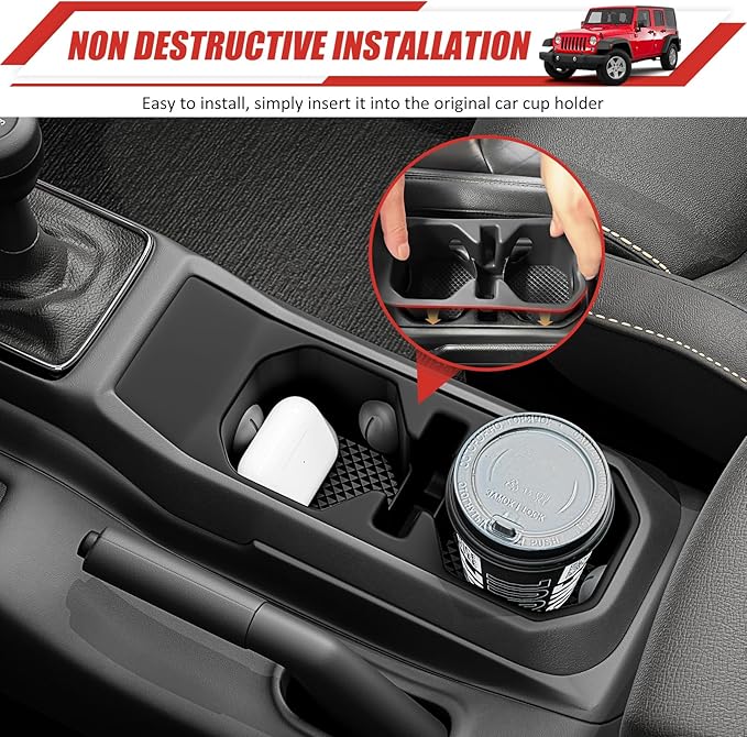 Center Console Cupholder Organizer for 2018-2025 Jeep Wrangler JL JLU 4XE/Gladiator JT Center Console Cupholder Insert Storage Tray for Wrangler&Gladiator(Center Console Cupholder Organizer)