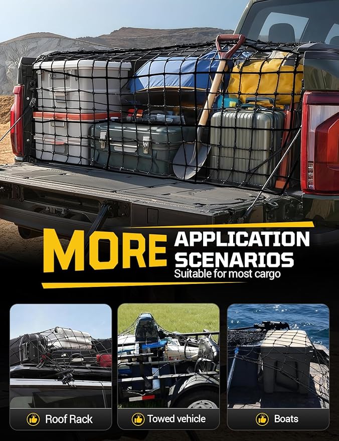 AUTOWN Cargo Net for Pickup Truck Bed - Stretchable 5' x 7' to 10' x 14' with 4" x 4" Mesh, Heavy Duty 10mm Cord Bungee Bed Netting with 12 Metal Carabiners - Ideal for ATV, SUV, UTV and Truck