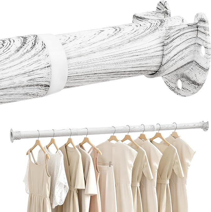 Closet Rod 17-75 Inches，1.3 Inch Diameter Heavy-Duty Adjustable Closet Rods for Hanging Clothes Closet Hanging Rod Metal Closet Poles for Wardrobes Laundry RV Bathroom（White Wood Grain Finish）