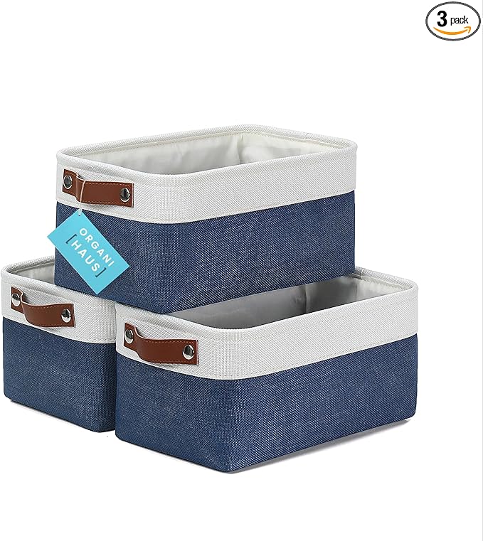 OrganiHaus Small Fabric Storage Baskets 3 Pack, 12x8in Cloth Storage Bins for Shelves, Small Baskets for Organizing Bathroom Pantry Closet, Canvas Shelf Baskets, Navy Blue/Off-White