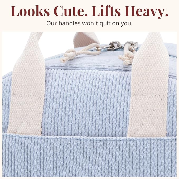 LOVELYWIND Insulated Cloud Blue Lunch Bag for Women, Stylish Corduroy Tote with Aluminum Lining, Large Capacity Reusable Cooler for Work, Travel, or Beach (Cloud Blue, A)