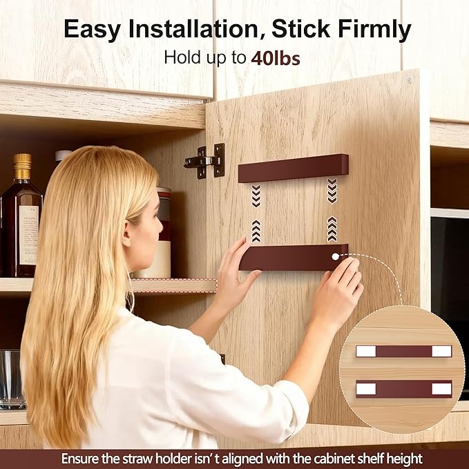 9.5” Large Acrylic Straw Holder for Cabinet Door, Reusable Adjustable Two-Part Straws Organizer with Ultra Sticky Adhesive Strips, 2026 Straw Storage for Kitchen Cupboard