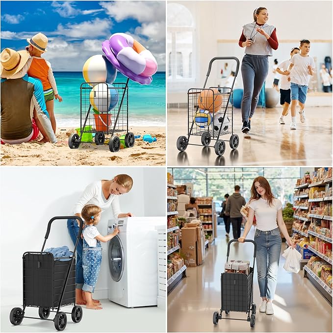 Whitmor Foldable Utility Shopping Cart with Wheels, 60Lb Capacity, Heavy Duty Grocery Cart with Steel Frame, Foam Handle, Rolling Utility Cart for Grocery, Laundry, Travel, Black/w Liner