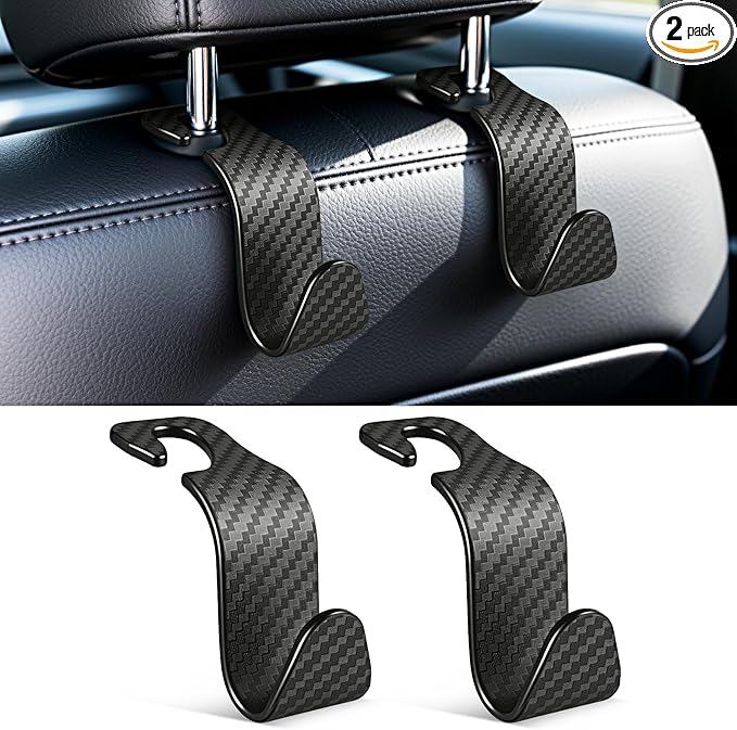 SINGARO Universal 2 Pack Car Seat Headrest Purse Hook, Carbon Fiber Back Seat Hook Storage Organizer Hanger for Purse Handbag Coat, Car Interior Accessories(Black)