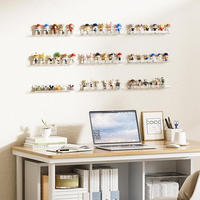 upsimples 6 Pack Clear Acrylic Shelves, 1.7" x12" Clear Wall Shelves for Nail Polish, Vinyl Wall Mount, Record Holder, Magazine Rack, Comic Display, Picture Ledge Shelf Décor