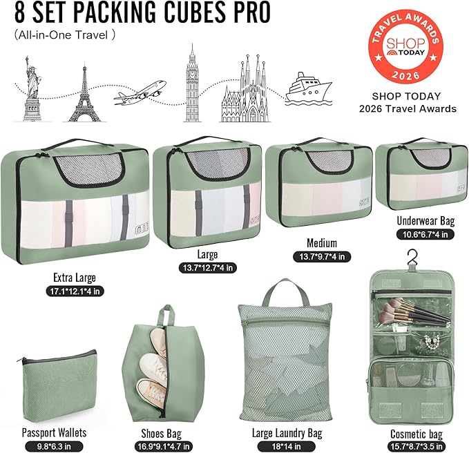 Veken 8 Set Packing Cubes for Travel Essentials, Suitcase Organizer Bags in 4 Sizes, Carry-On Luggage Accessories with Large Laundry & Shoes Bag, Must-Have for Airplane, Road Trip & Camping
