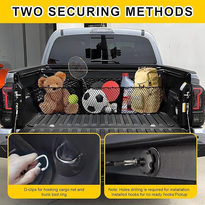Upgraded 3 Pocket Truck Bed Cargo Net for Toyota Ford Dodge GMC Chevy Silverado, Universal Pickup Mesh Storage Net 47.2" x 11.8" Stretchable Elastic Truck Bed Grocery Holder Net with 4 Ball Bungees