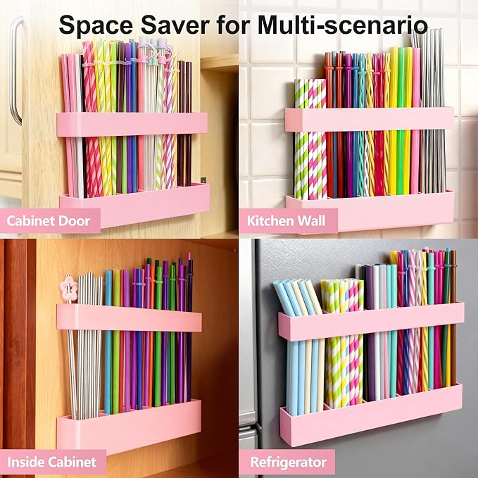 9.5” Large Acrylic Straw Holder for Cabinet Door, Reusable Adjustable Two-Part Straws Organizer with Ultra Sticky Adhesive Strips, 2026 Straw Storage for Kitchen Cupboard(Rose Stone)